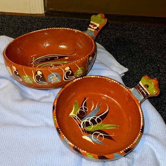Mexican Tlaquepaque Nesting Bowls 2 Piece Set Redware Pottery Glazed Terra Cotta - Picture 3 of 15